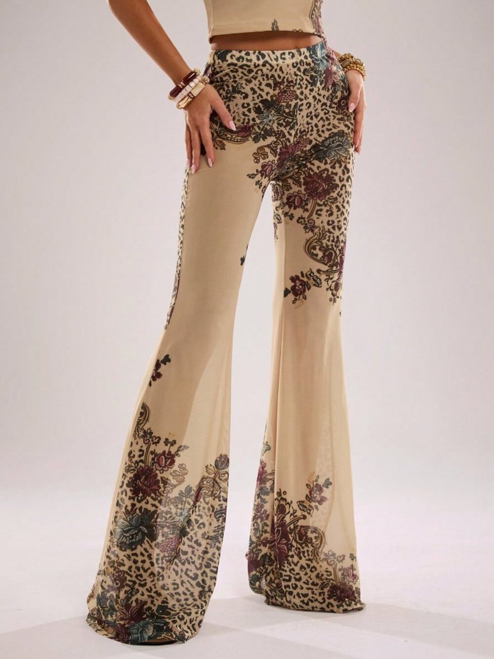 Yellow Elegant Women's Low Waist Mesh Pattern Print Flare Pants - Picture 4 of 7
